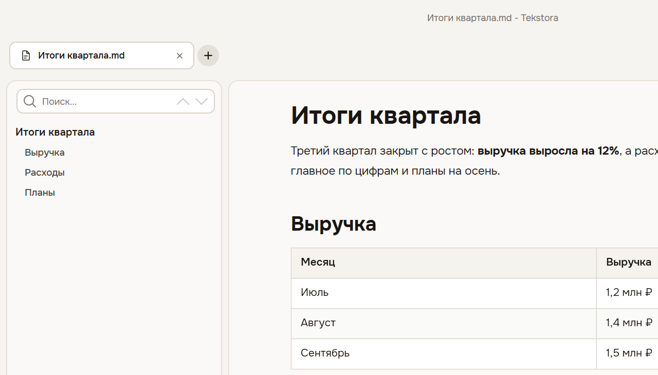 Тот же документ в Tekstora: слева оглавление, справа заголовок «Итоги квартала», жирные слова и таблица «Месяц — Выручка»